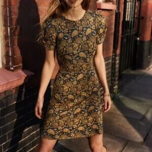 Boden Blue Jersey Terrace Harvest Gold Paisley Tie Waist Dress